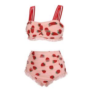 RETRO STAGE Pink strawberry tulle bikini set | Retro swim | Small